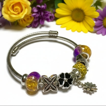 Purple, Yellow and Black Stainless Expandable Easy to put on stretch memory wire Charm Bracelet. One size fits most
