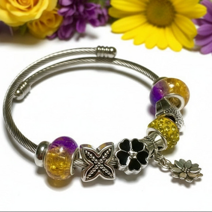 Purple, Yellow and Black Stainless Expandable Easy to put on stretch memory wire Charm Bracelet. One size fits most
