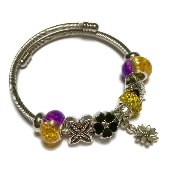 Purple, Yellow and Black Stainless Expandable Easy to put on stretch memory wire Charm Bracelet. One size fits most