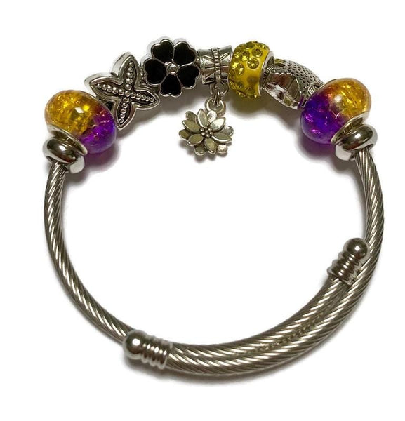 Purple, Yellow and Black Stainless Expandable Easy to put on stretch memory wire Charm Bracelet. One size fits most