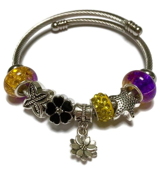 Purple, Yellow and Black Stainless Expandable Easy to put on stretch memory wire Charm Bracelet. One size fits most