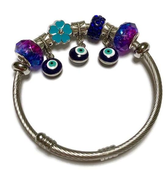 Blue Purple. Evil eye Stainless Expandable Easy to put on stretch memory wire Charm Bracelet. One size fits most