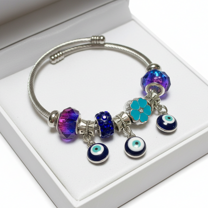 Blue Purple. Evil eye Stainless Expandable Easy to put on stretch memory wire Charm Bracelet. One size fits most
