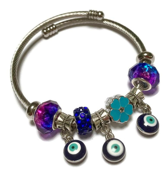 Blue Purple. Evil eye Stainless Expandable Easy to put on stretch memory wire Charm Bracelet. One size fits most