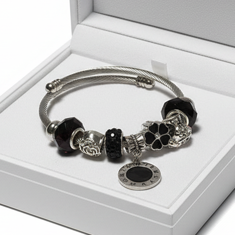 BLACK Expandable Stainless Easy to put on stretch memory wire Charm Bracelet. One size fits most