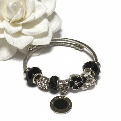 BLACK Expandable Stainless Easy to put on stretch memory wire Charm Bracelet. One size fits most