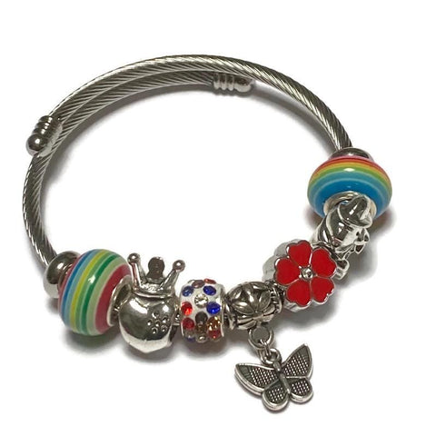 Rainbow, Red flower Stainless Expandable Easy to put on stretch memory wire Charm Bracelet. One size fits most