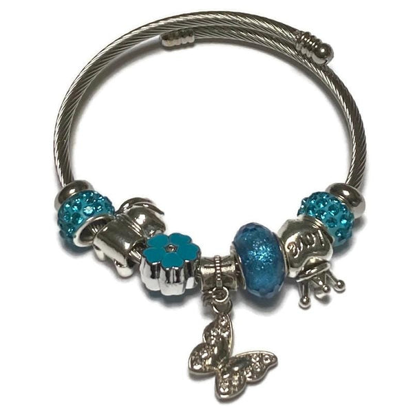 Butterfly. Blue Stainless Expandable Easy to put on stretch memory wire Charm Bracelet. One size fits most