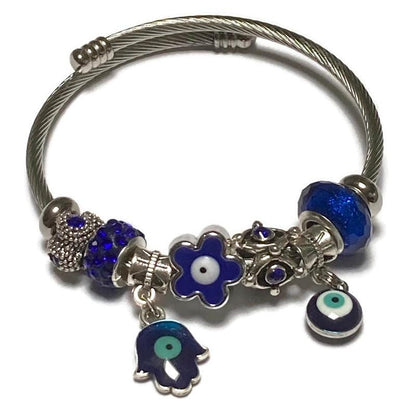 Blue Evil eye Stainless Expandable Easy to put on stretch memory wire Charm Bracelet. One size fits most