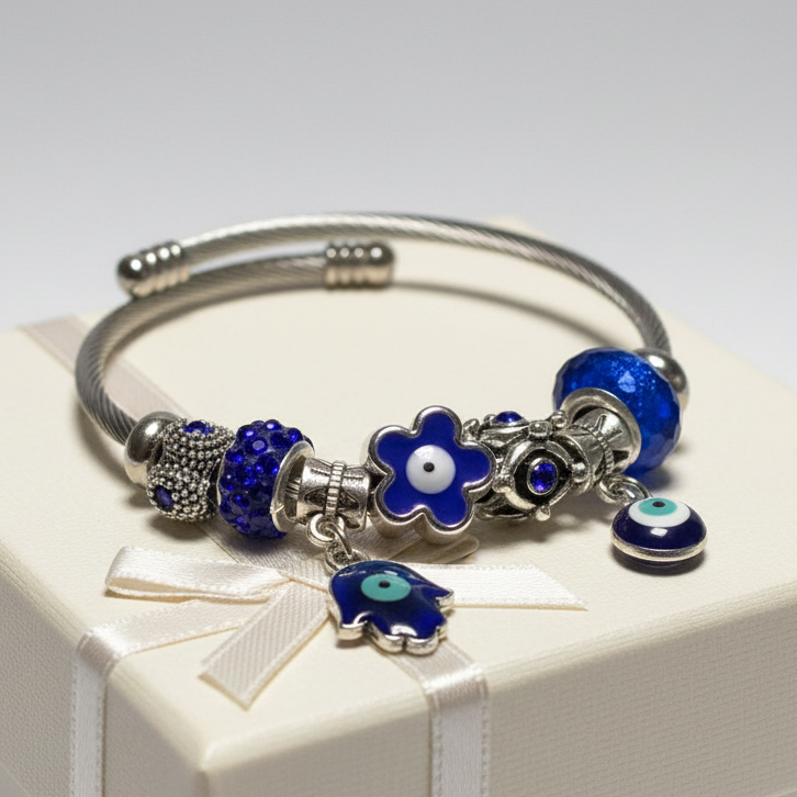 Blue Evil eye Stainless Expandable Easy to put on stretch memory wire Charm Bracelet. One size fits most