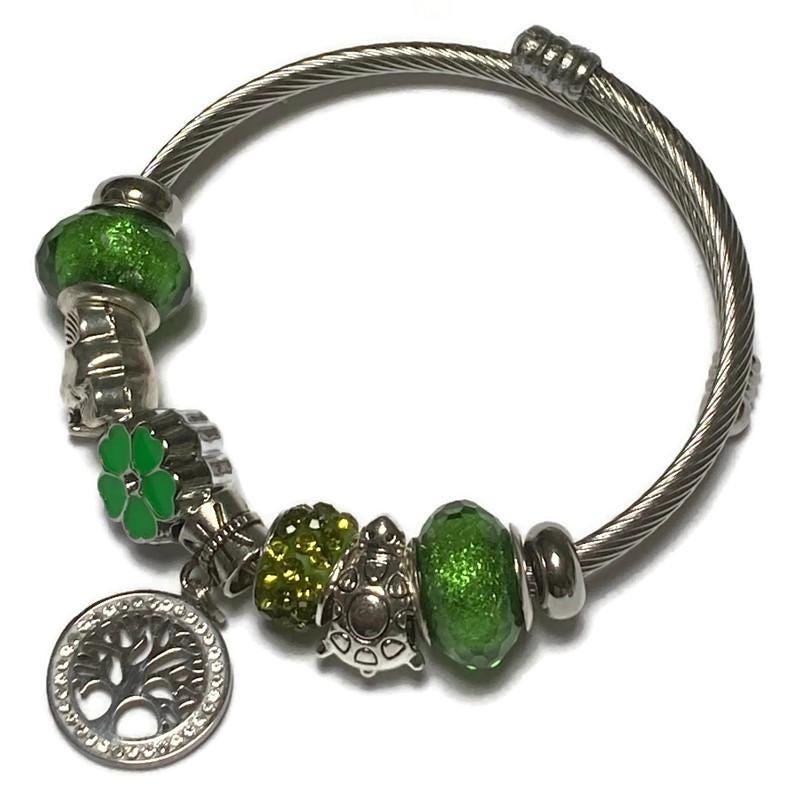 Tree Of Life. Green Stainless Expandable Easy to put on stretch memory wire Charm Bracelet. One size fits most