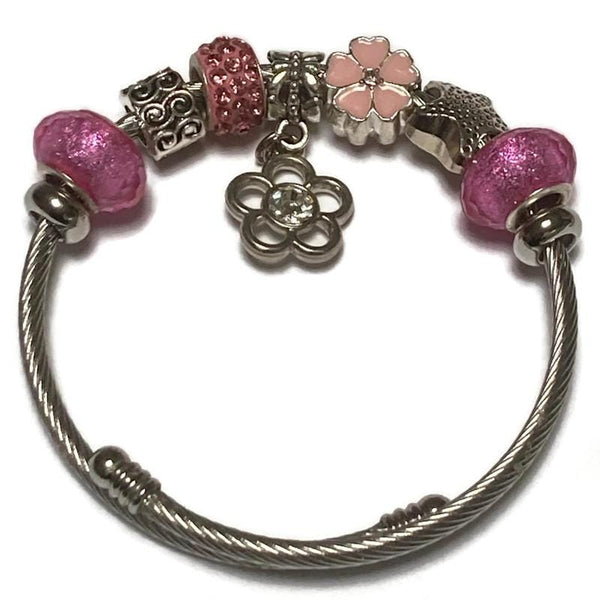 Flower. Pink Stainless Expandable Easy to put on stretch memory wire Charm Bracelet. One size fits most