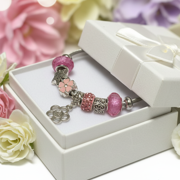 Flower. Pink Stainless Expandable Easy to put on stretch memory wire Charm Bracelet. One size fits most