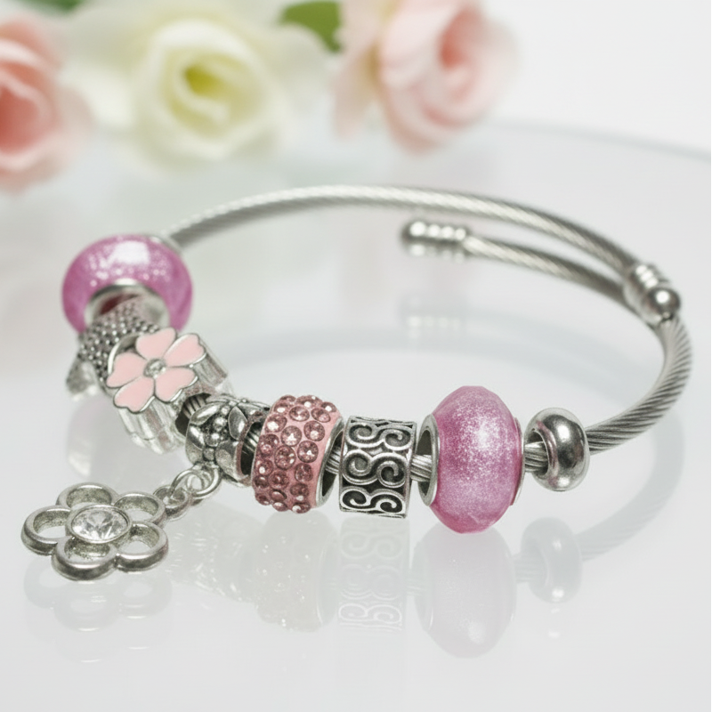 Flower. Pink Stainless Expandable Easy to put on stretch memory wire Charm Bracelet. One size fits most