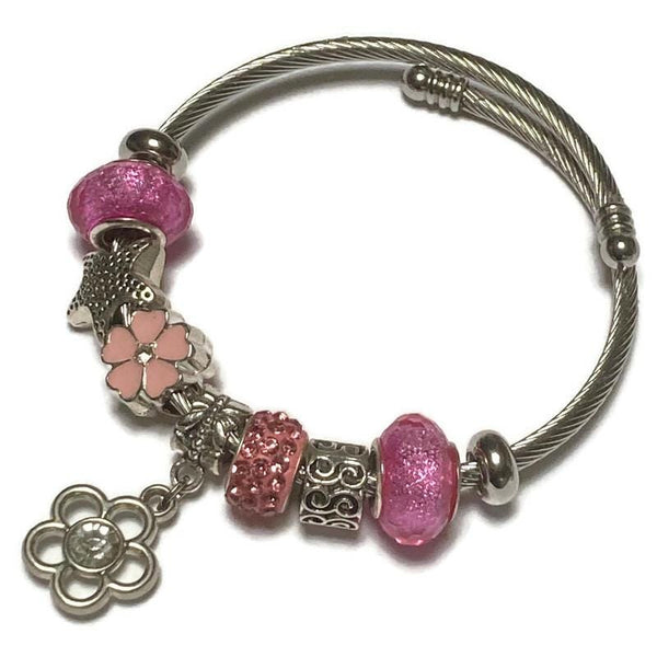 Flower. Pink Stainless Expandable Easy to put on stretch memory wire Charm Bracelet. One size fits most