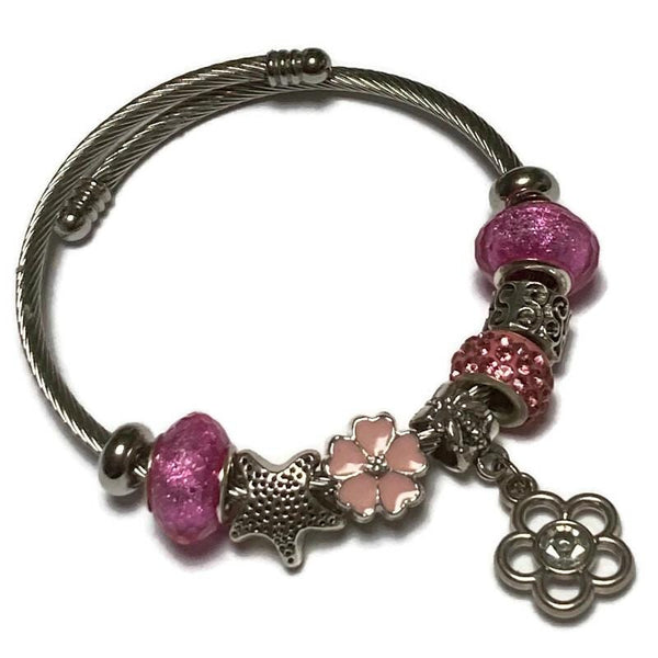 Flower. Pink Stainless Expandable Easy to put on stretch memory wire Charm Bracelet. One size fits most