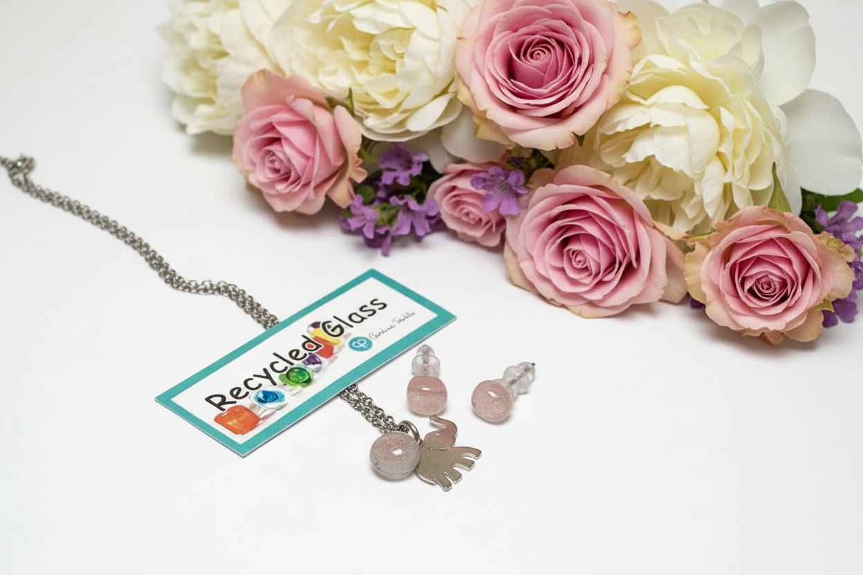 Elephant themed set. Post studs earrings and pendant. Recycled Fused glass pendant. Handmade bead. Hypoallergenic steel.