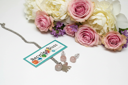 Elephant themed set. Post studs earrings and pendant. Recycled Fused glass pendant. Handmade bead. Hypoallergenic steel.