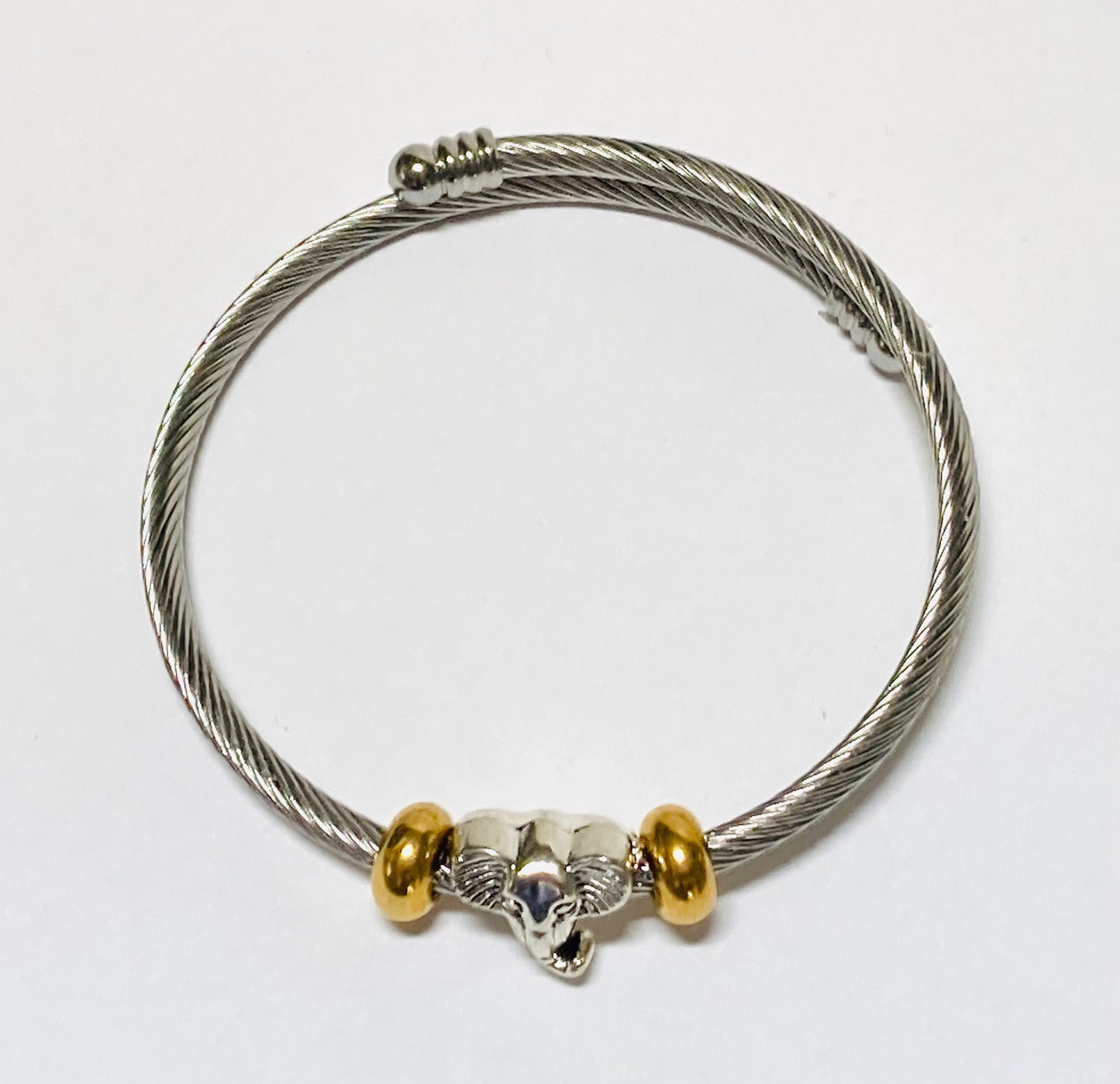 Elephant Stainless Steel Bracelet Glass Charm Bead. Easy to put on adjustable stretch memory wire. One size fits most