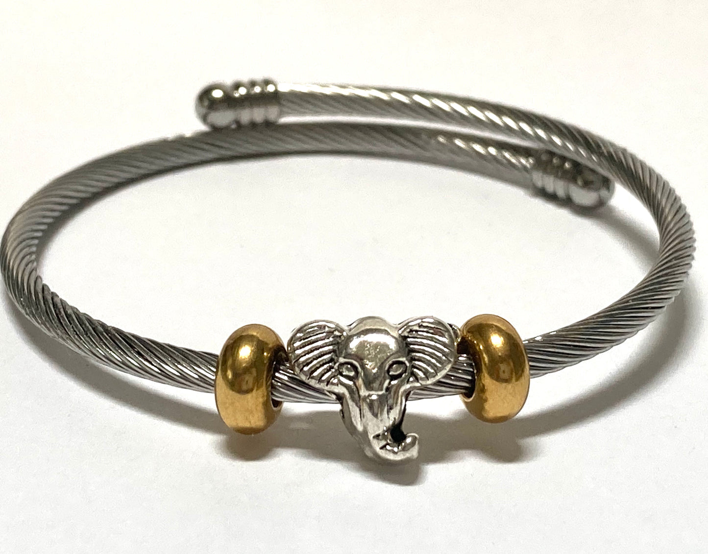 Elephant Stainless Steel Bracelet Glass Charm Bead. Easy to put on adjustable stretch memory wire. One size fits most