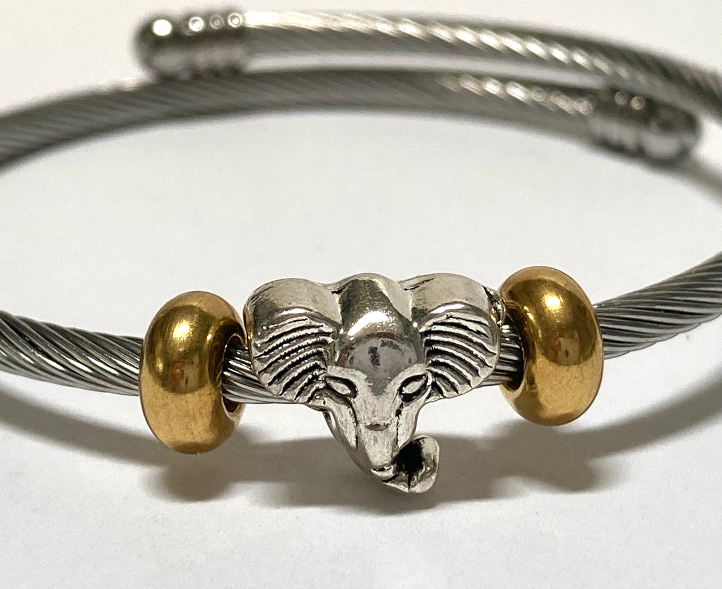 Elephant Stainless Steel Bracelet Glass Charm Bead. Easy to put on adjustable stretch memory wire. One size fits most