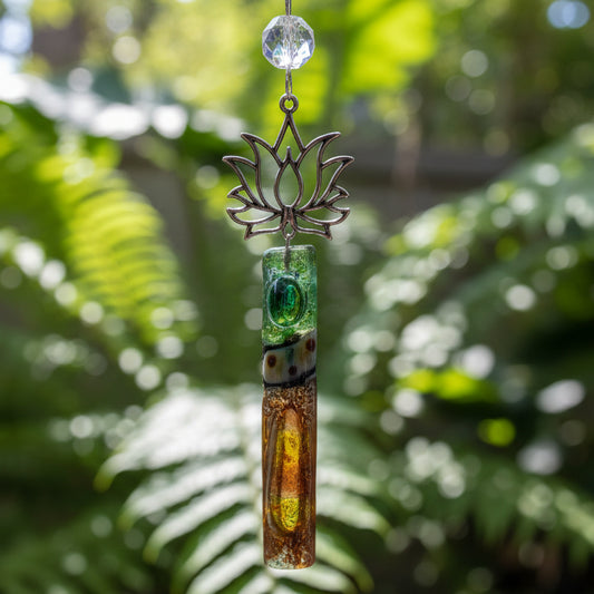 Brown and green fused glass lotus flower ornament.
