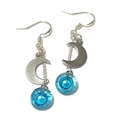 Small moon dangling earrings. Teal, aqua, blue drops.  Recycled glass.  Handcrafted.