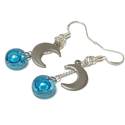 Small moon dangling earrings. Teal, aqua, blue drops.  Recycled glass.  Handcrafted.