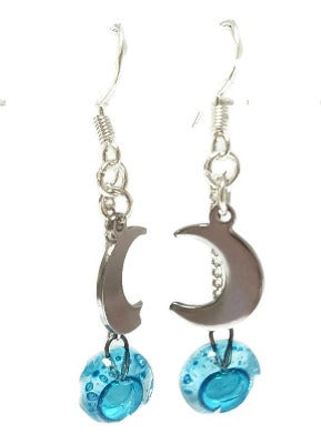 Small moon dangling earrings. Teal, aqua, blue drops.  Recycled glass.  Handcrafted.