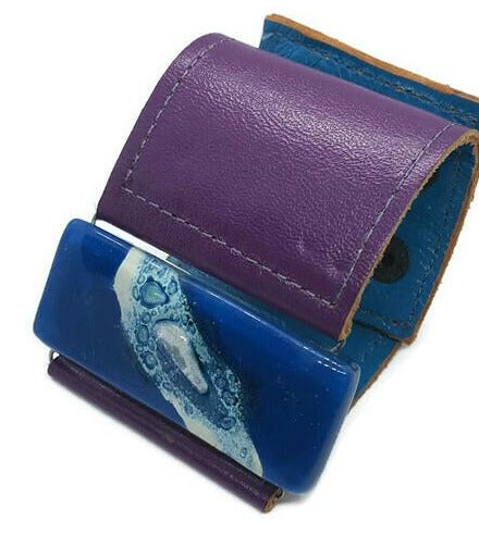 Purple Leather and blue Glass Cuff Bracelet!! Silver color bubble