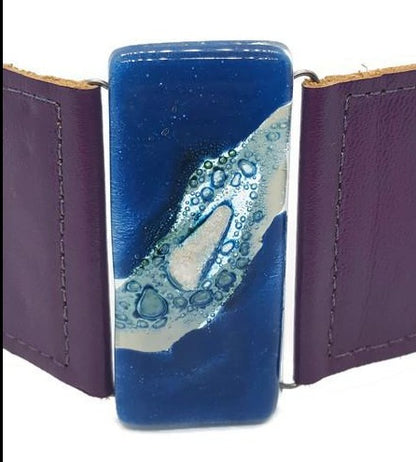 Purple Leather and blue Glass Cuff Bracelet!! Silver color bubble