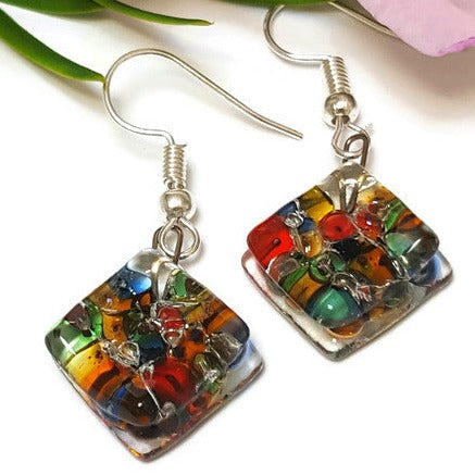 Mosaic Recycled Glass Colorful Earrings. Small fused Glass Earrings.