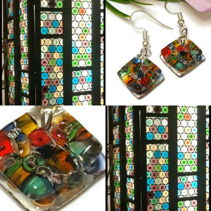 Mosaic Recycled Glass Colorful Earrings. Small fused Glass Earrings.