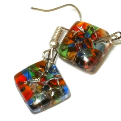 Mosaic Recycled Glass Colorful Earrings. Small fused Glass Earrings.