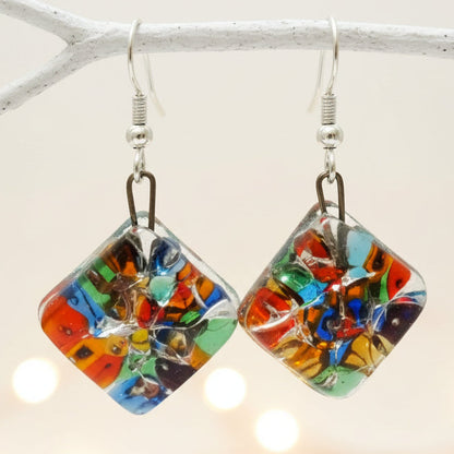 Mosaic Recycled Glass Colorful Earrings. Small fused Glass Earrings.