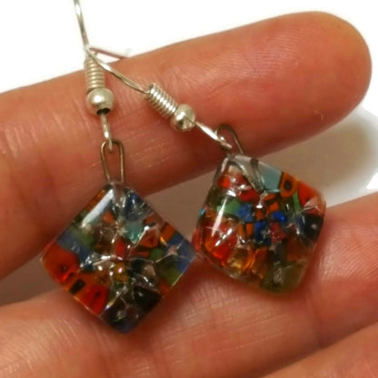Mosaic Recycled Glass Colorful Earrings. Small fused Glass Earrings.