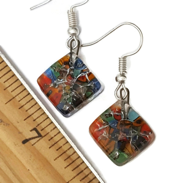 Mosaic Recycled Glass Colorful Earrings. Small fused Glass Earrings.