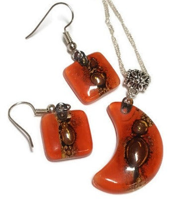 Set earrings and Moon pendant. Red  and brown Recycled Glass. Handmade