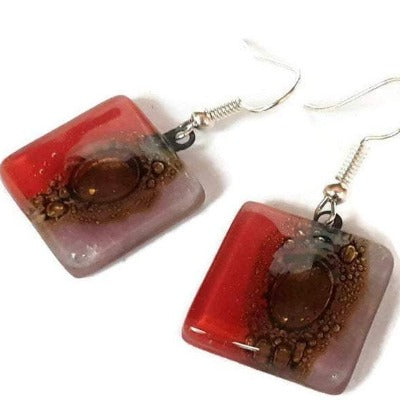 Red, lilac and Brown Square Fused Glass Drop Earrings- Recycled Glass Dangle Earrings