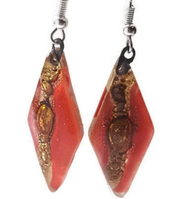 Long Diamond shaped red and brown fused glass earrings