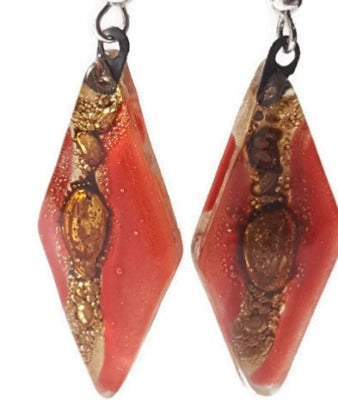 Long Diamond shaped red and brown fused glass earrings