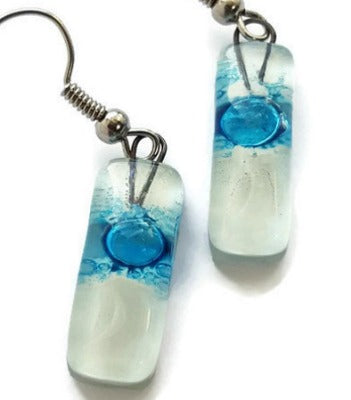 Small White and Turquoise Fused Glass Earrings