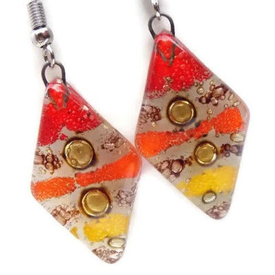 Red, Yellow and Orange Diamond Shaped Earrings. Fused glass Dangle Earrings.