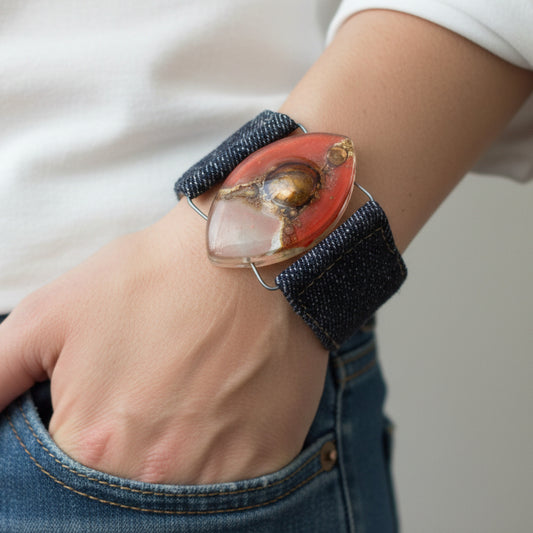 Red, pink and  Brown Fused Glass and reclaimed Denim Cuff. Vegan Bracelet.