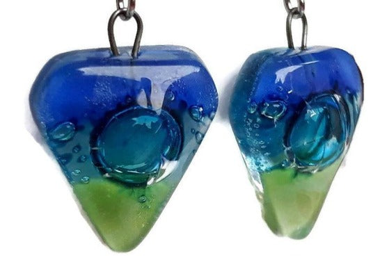 Blue, Turquoise and Green heart shape Fused Glass Drop Earrings. Recycled Glass Dangle Earrings