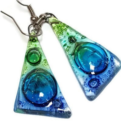 Large Glass dangle earrings. Green Turquoise and Blue, Triangles Recycled Fused Glass Earrings