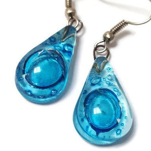 Small Aqua turquoise teardrop recycled Glass Earrings. Blue Fused Glass Earrings