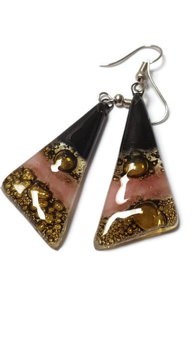 Black, Brown and Pink Triangle Earrings with Long drop Earrings.