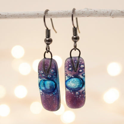Small Rectangular Lilac and blue recycled Glass Earrings. Fused Glass Jewelry
