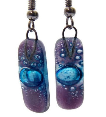 Small Rectangular Lilac and blue recycled Glass Earrings. Fused Glass Jewelry